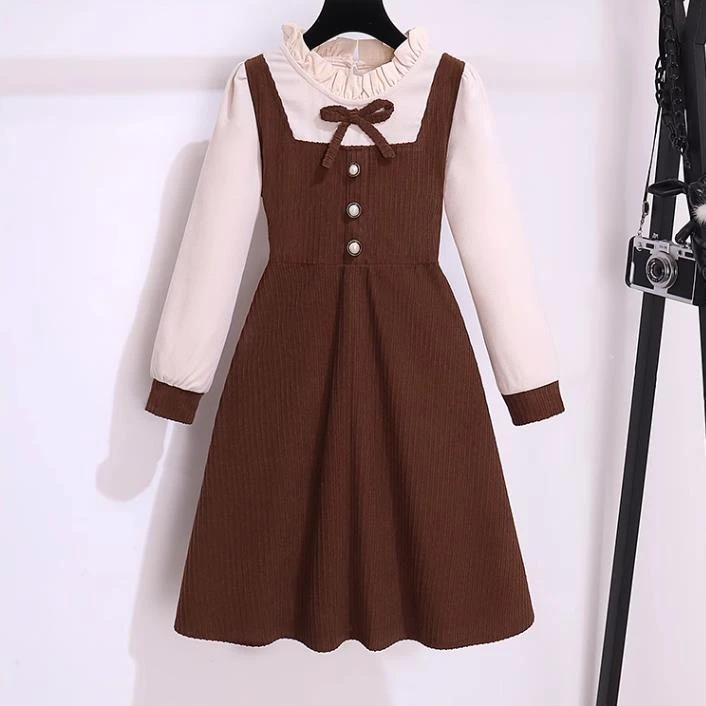 女童连衣裙春装2024新款中大童女孩灯芯绒裙子学院风假两件公主裙