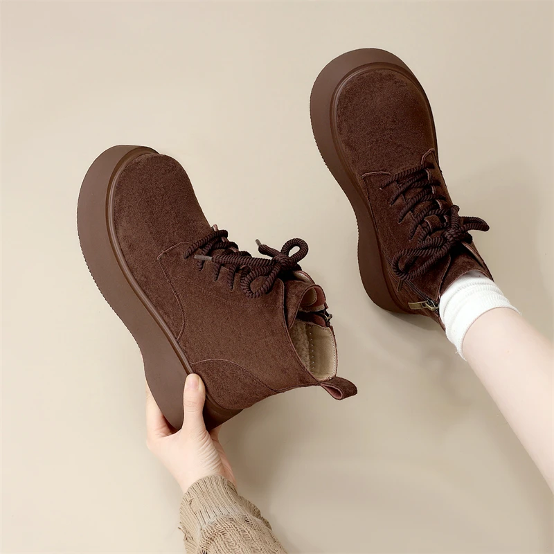 厚底加绒英伦风圆头百搭系带加绒短靴女马丁靴复古秋冬休闲勃肯鞋