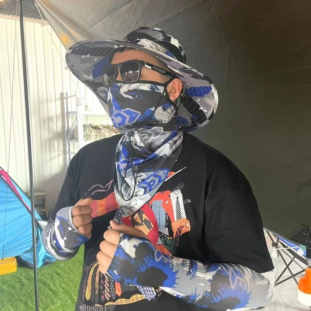 户外防晒用品大帽沿遮阳帽迷彩透气渔夫帽防晒三件套冰丝面巾臂袖