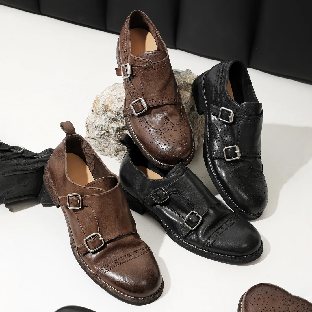 水洗马皮布洛克雕花小皮鞋女圆头柔软德比鞋一脚蹬乐福鞋