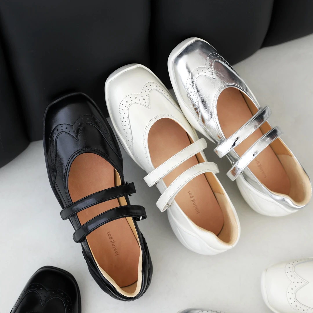 百搭时尚时髦运动玛丽珍鞋双带轻松休闲鞋平底方头真皮单鞋