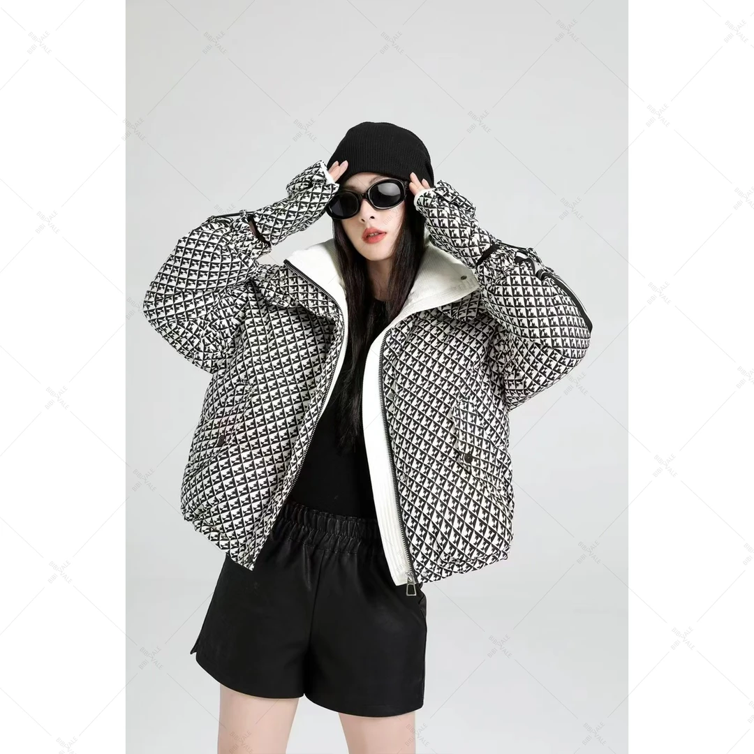 【LZ】90白鸭绒减龄显瘦立领千鸟格羽绒服设计感保暖短羽绒服YR004