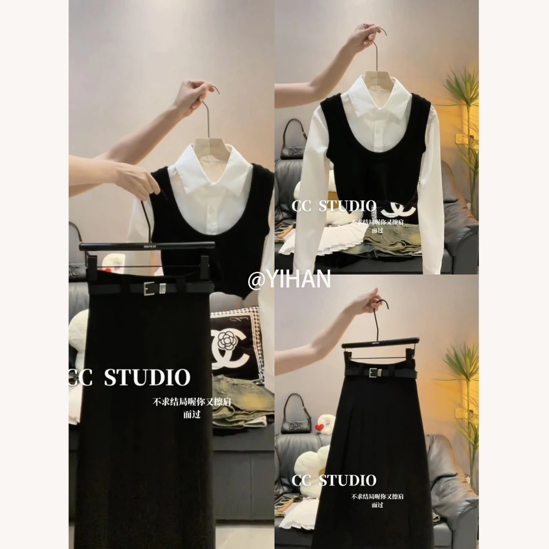 2024秋季穿搭一整套女新款韩版高级感显瘦衬衫马甲半身裙三件套潮