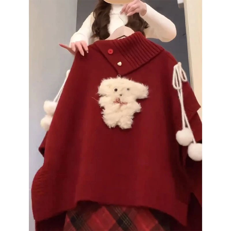 时尚穿搭一整套秋冬2024新款氛围感斗篷针织衫格子半身裙两件套