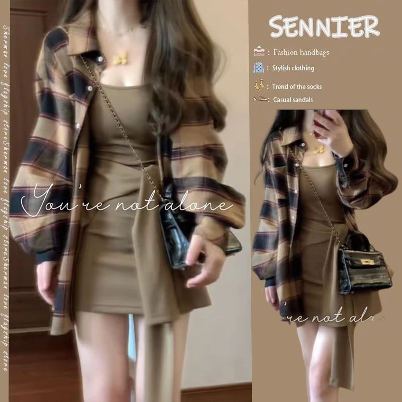 2025新款早秋穿搭一整套女韩版洋气格子衬衫设计感连衣裙两件套装