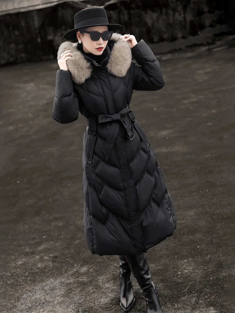 2024冬季新款宽松时尚中长款过膝大狐狸毛领羽绒服-002