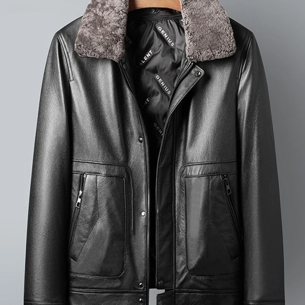 海宁头层牛皮真皮皮衣短款可装卸毛领内胆夹克外套新款24 2034-6