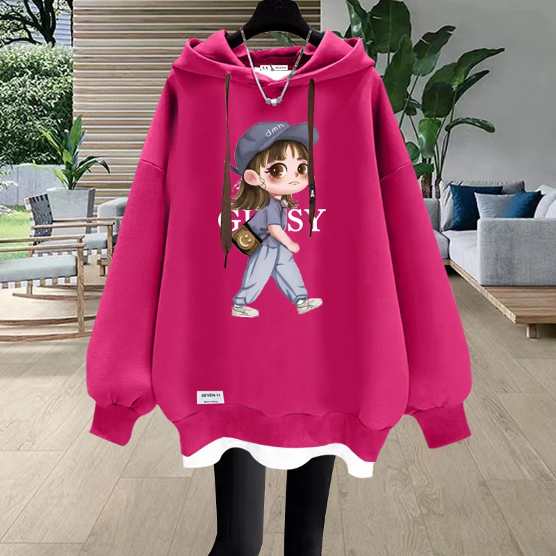 连帽卫衣女2025秋冬新款中长款遮屁股加绒加厚宽松慵懒风假两件潮