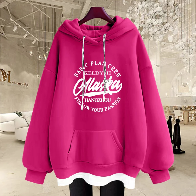 连帽卫衣女2023秋冬新款宽松慵懒风加绒加厚假两件中长款遮屁股潮