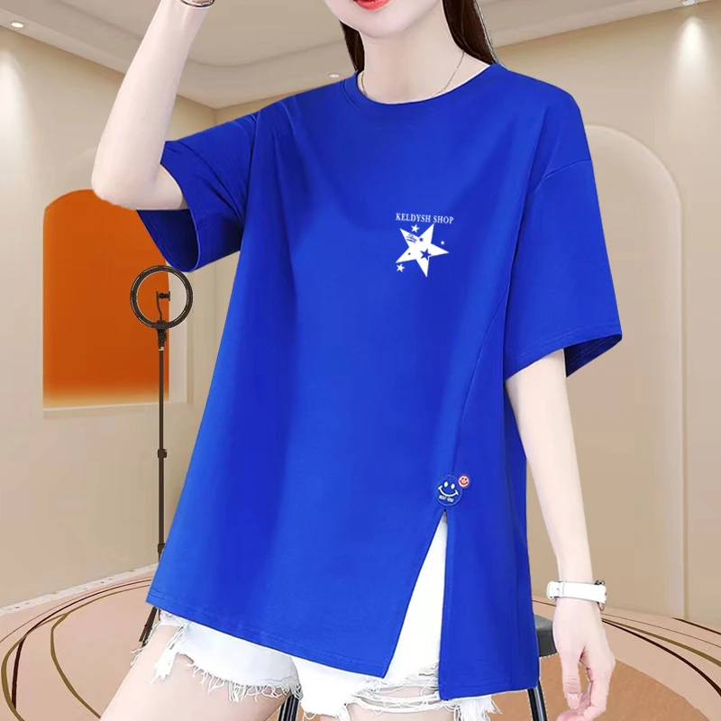 开叉短袖T恤女2024夏季新款印花宽松正肩纯棉中长款不规则体恤潮