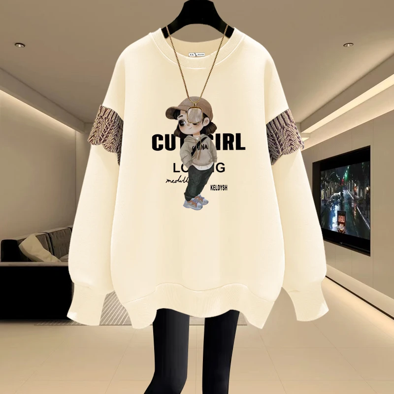 圆领卫衣女2025秋冬新款宽松韩版套头加绒加厚红色中长款遮屁股潮