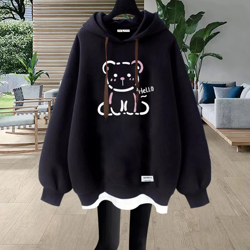 连帽卫衣女2025秋冬新款中长款遮屁股加绒加厚宽松慵懒风假两件潮