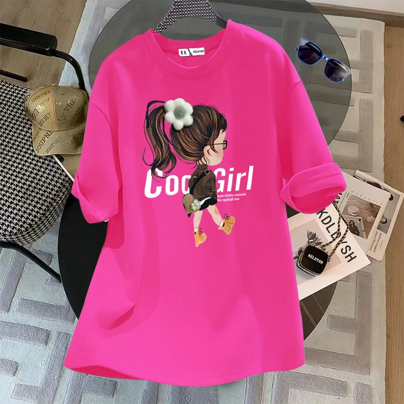 纯棉短袖T恤女2025夏新款正肩圆领宽松大码时尚印花中长款遮屁股