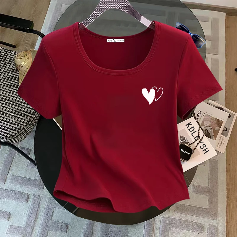 U领短袖t恤女2025夏季新款小个子修身正肩弧形短款体恤印花上衣潮