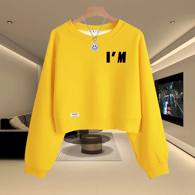 圆领卫衣女2025春秋新款韩版宽松套头不加绒小个子内搭短款上衣潮