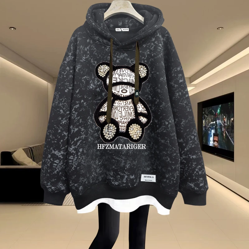 连帽卫衣女2025秋冬新款中长款假两件遮屁股加绒加厚宽松上衣外套