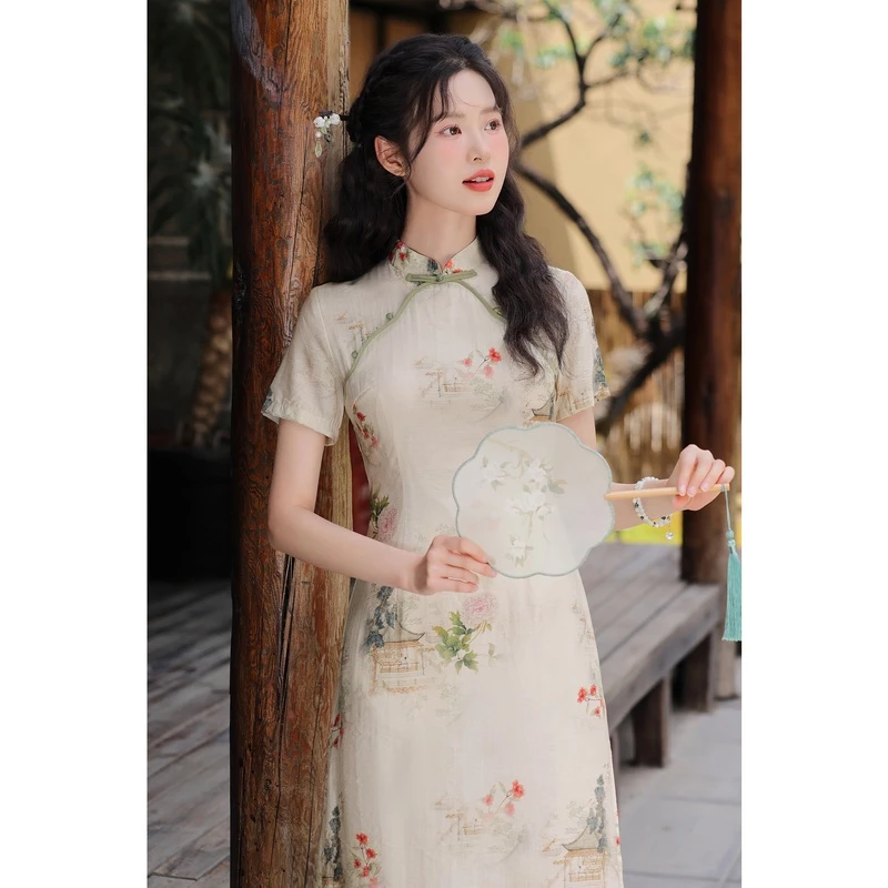 【LINJOU玲玖】“反季青青”新中式国风改良气质收腰连衣裙13146