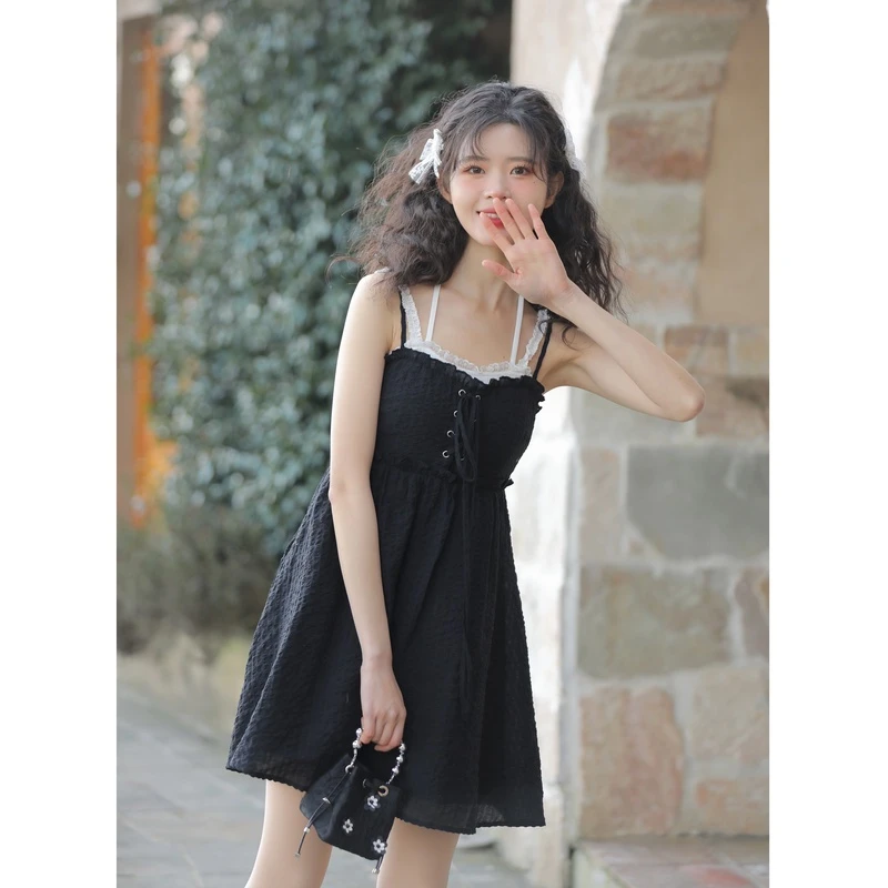 ‘’玲玖青青”辣妹纯欲风绑带小黑裙小个子甜辣连衣裙吊带12170