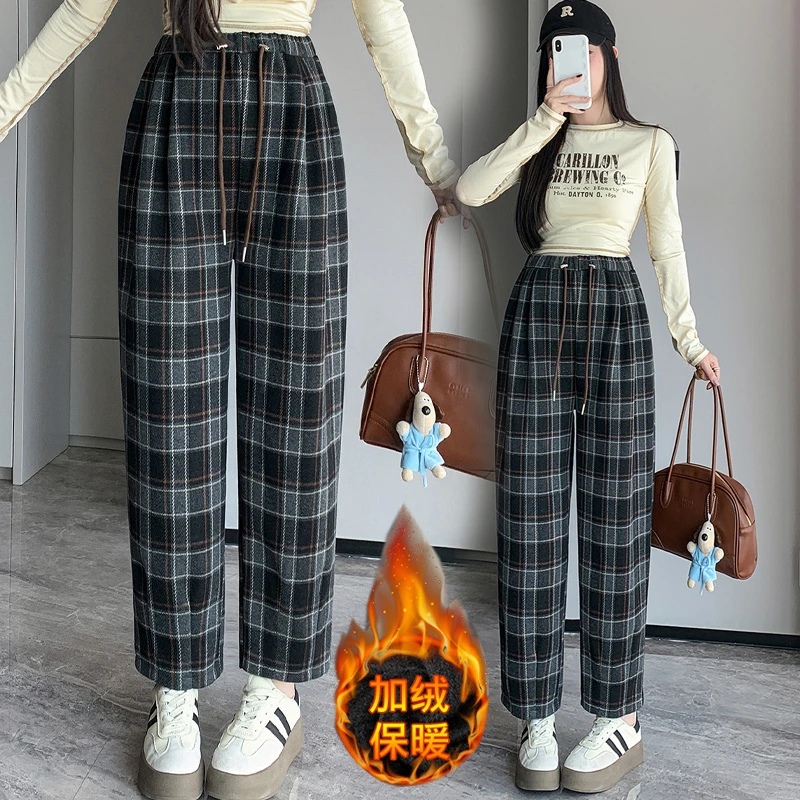 孕妇格子裤秋冬季外穿加绒加厚保暖休闲裤阔腿裤时尚百搭潮流长裤