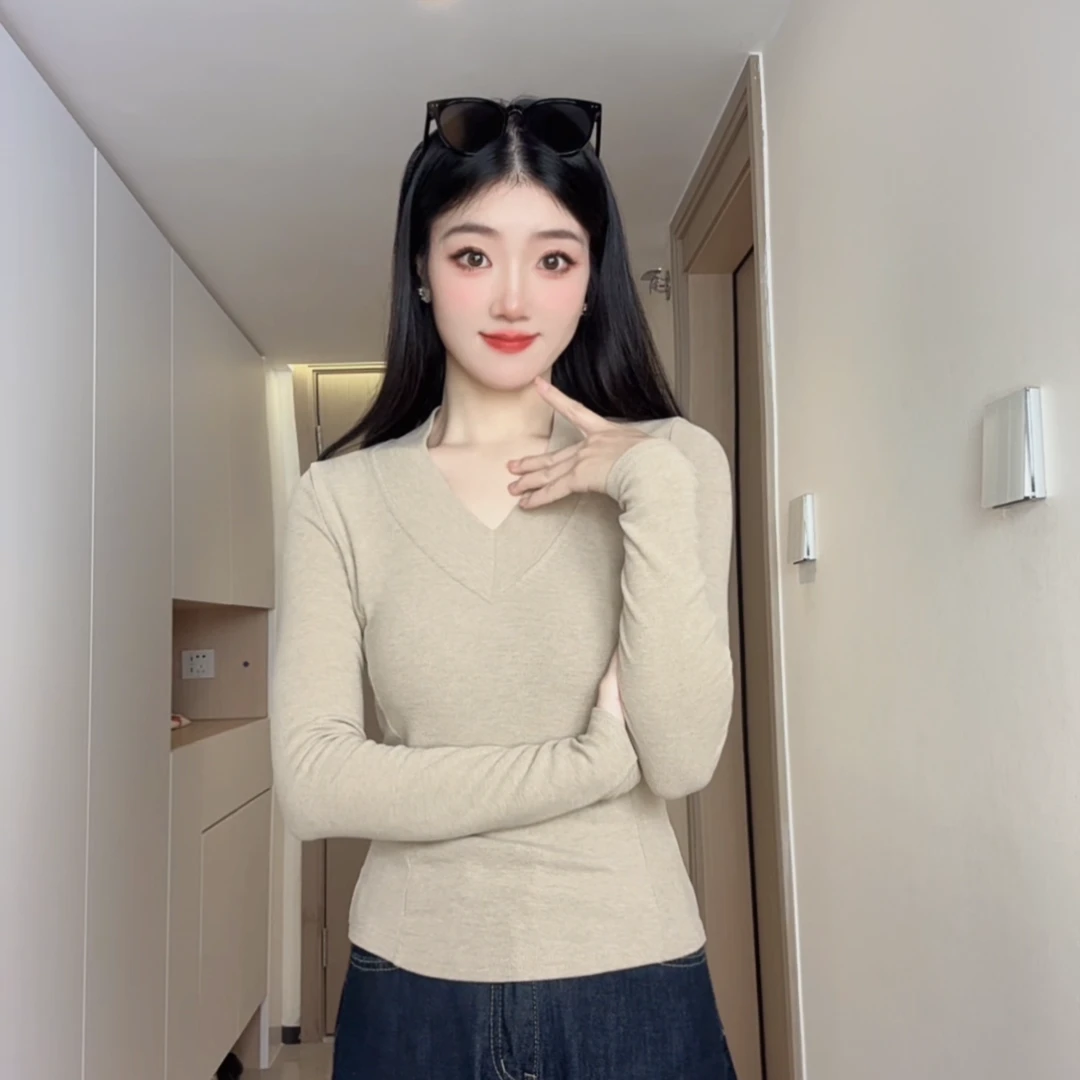 【啊哈专属】V领加厚保暖长袖正肩上衣冬新款修身显瘦内搭打底衫女