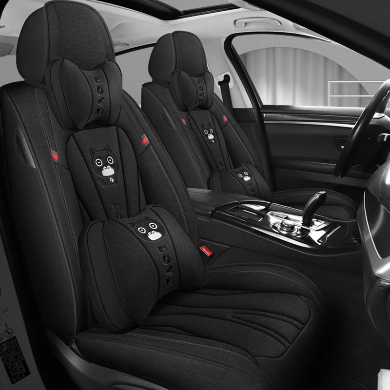 亚麻布艺透气舒适全包围黑色五座全车四季通用汽车坐垫卡通女款