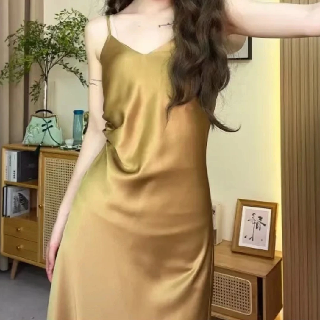 1516国潮中式复古缎面收腰垂感吊带连衣裙长裙裙子福缘