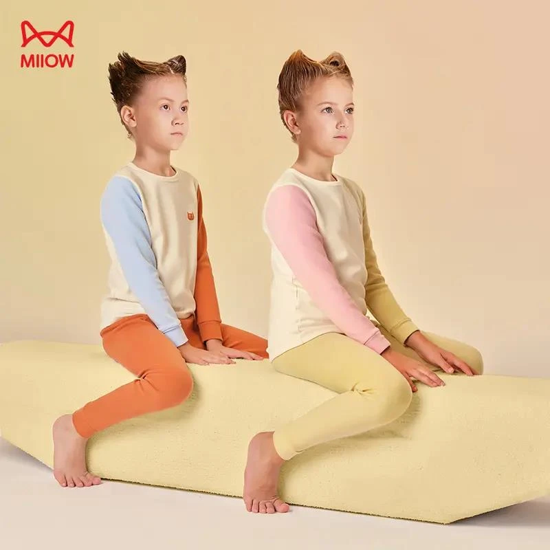 猫人婴儿棉倍暖圆领撞色大童中大童秋衣秋裤秋冬儿童保暖内衣套装