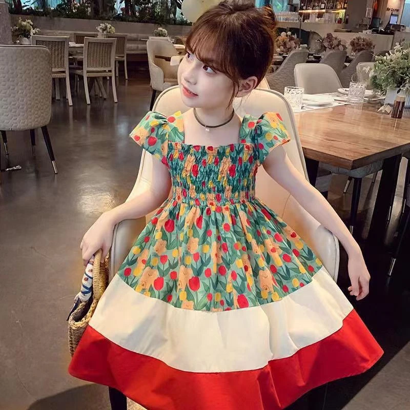 女童连衣裙夏季2025夏季新款洋气儿童郁金香碎花公主女孩飞袖裙子