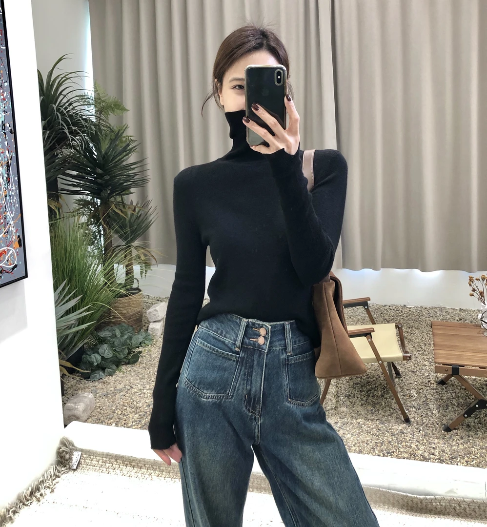 秋冬必入单品～时尚气质2024纯色修身长袖百搭女士遮肉高领毛衣女