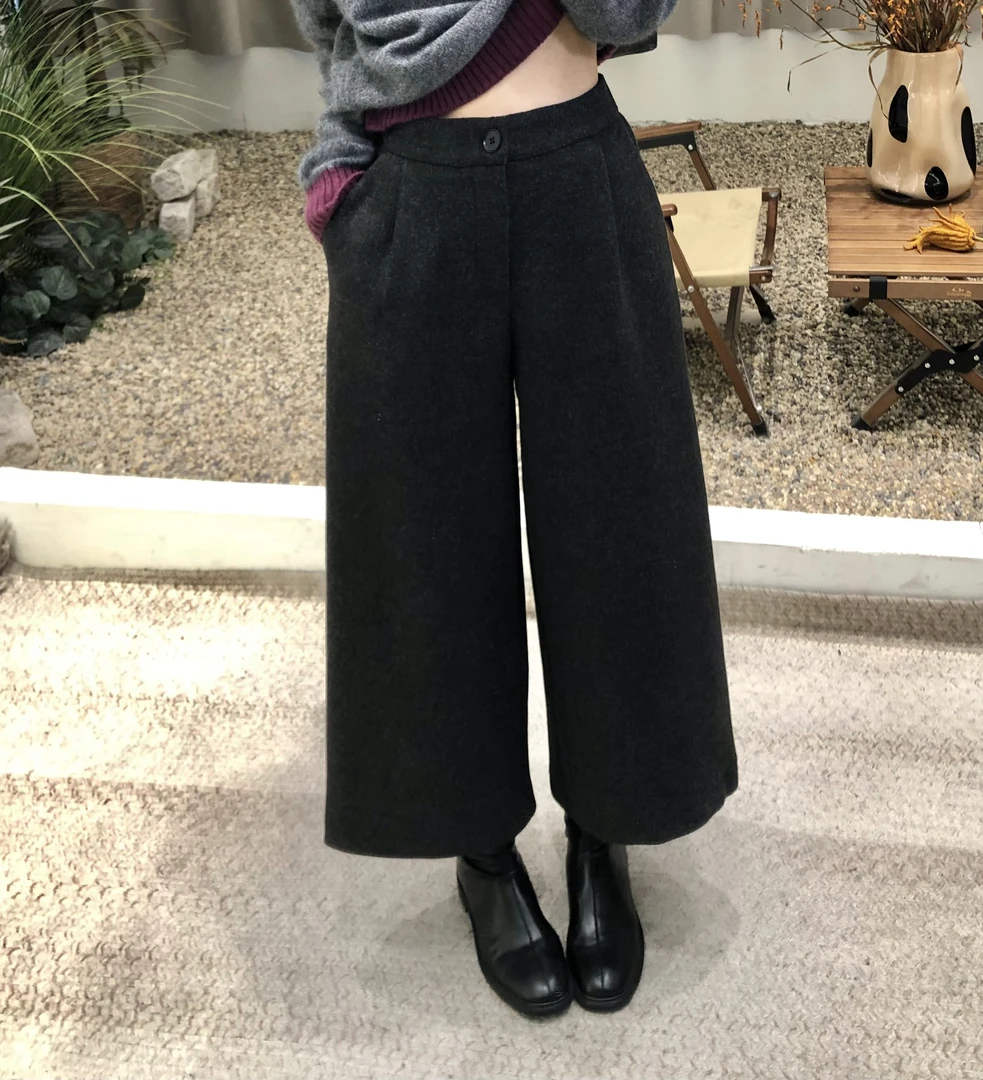 法式2024秋冬新款复古直筒时尚毛呢高腰阔腿裤气质七分休闲裤潮女