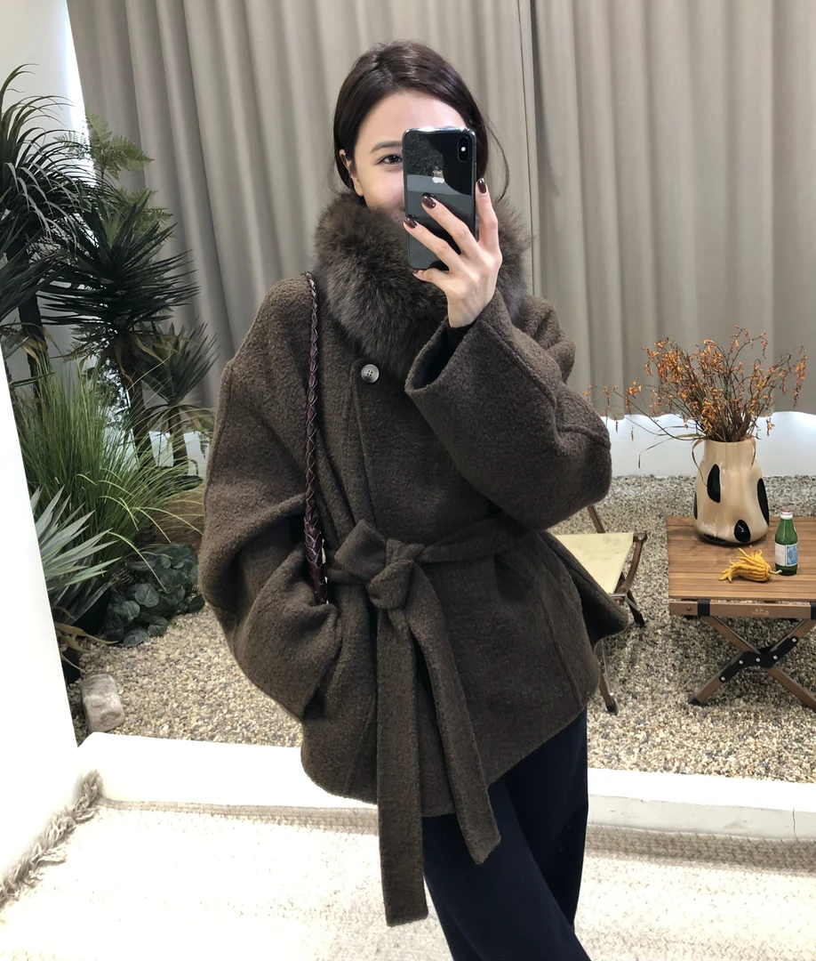 法式慵懒高级感双面手缝羊毛大衣狐毛领收腰显瘦短款外套