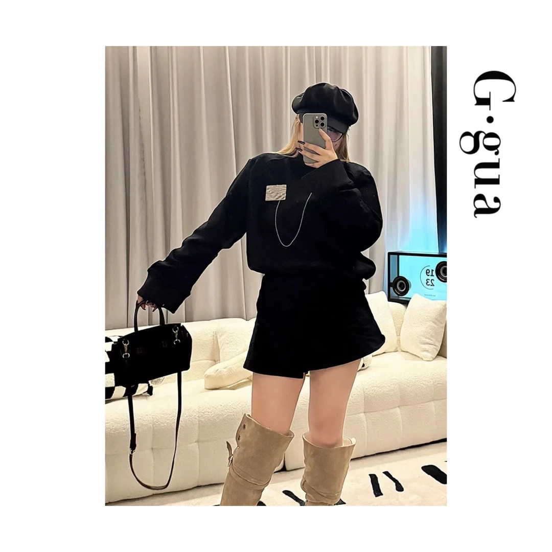 【张_Ggua】大码加绒设计感宽松长袖卫衣女高腰A字半身裙卫衣显瘦