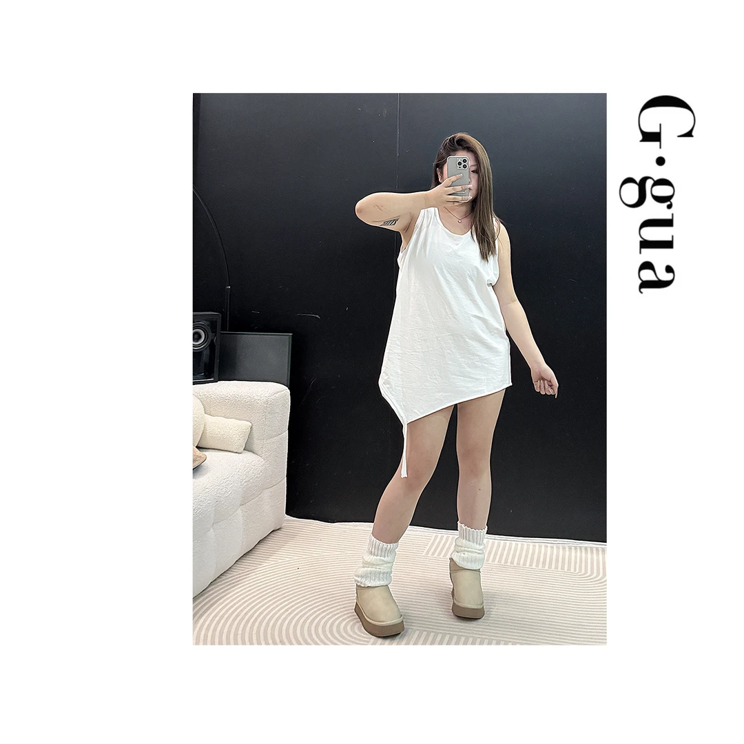 【张_Ggua】大码2025春夏百搭纯色不规则白色无袖背心打底中长款