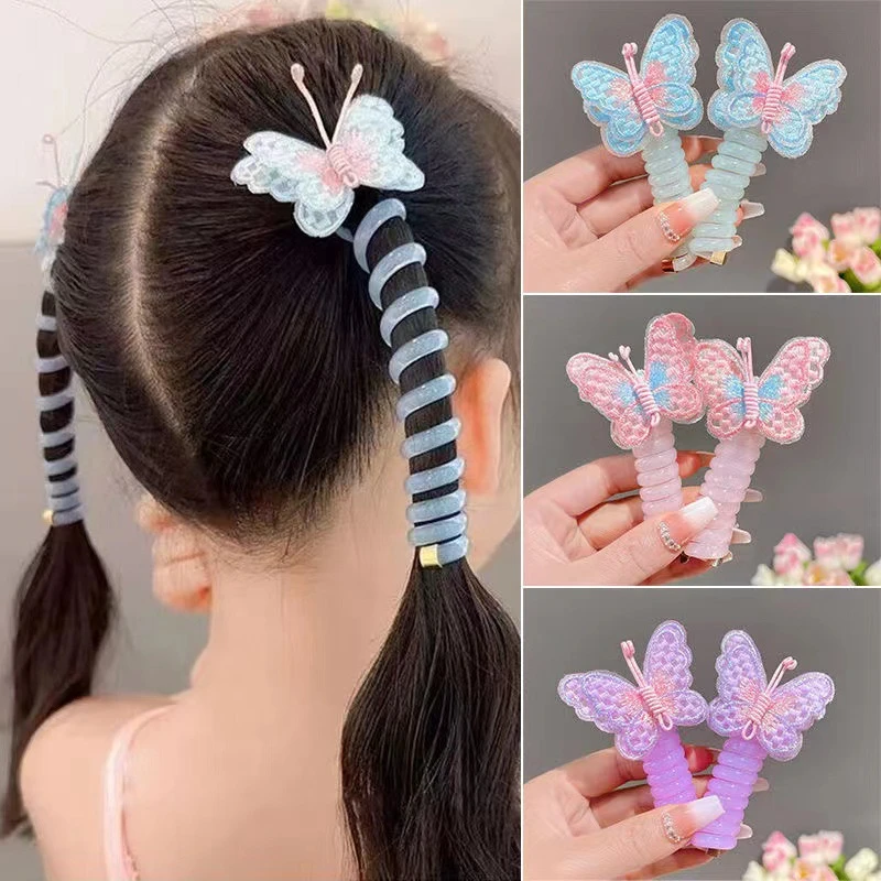 儿童新款蝴蝶电话线卷卷发圈女孩扎辫子高弹力头绳韩版电话线发绳