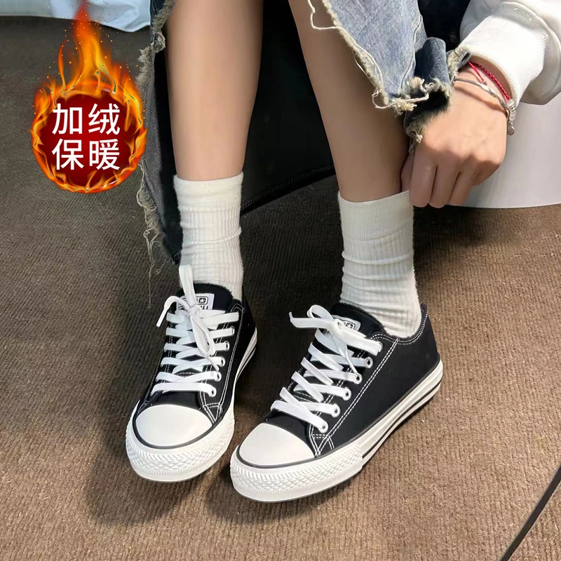 H6568 黑色 低帮加绒保暖帆布鞋女冬季百搭休闲舒适学生棉鞋