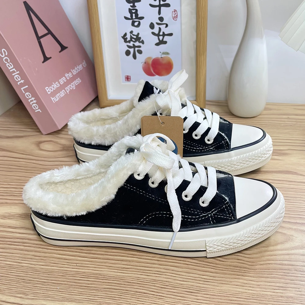 8395 黑色 就36码 加绒加厚拖鞋女冬季女鞋港风复古小白鞋