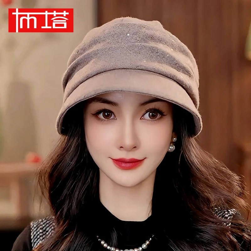 布塔秋冬季羊毛贝雷帽女时尚休闲渔夫帽子显脸小