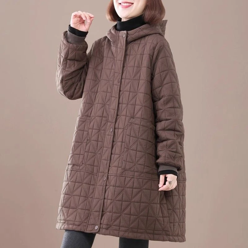 200斤高档大码春装韩版遮肉连帽夹棉棉衣女款加厚2024新款中长款