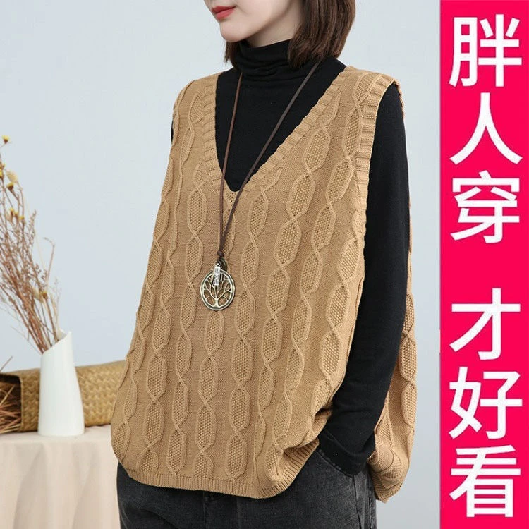 200斤高档毛衣马甲女春新款宽松大码套头V领针织背心坎肩马夹上衣