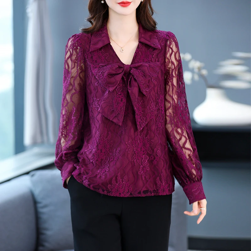 2025春装大码灯笼袖蕾丝衫女镂空蝴蝶结洋气打底衫200斤高档上衣
