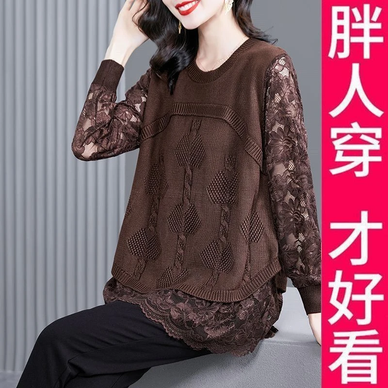 200斤高端大码打底衫春装女士毛衣2025新款洋气假两件蕾丝上衣