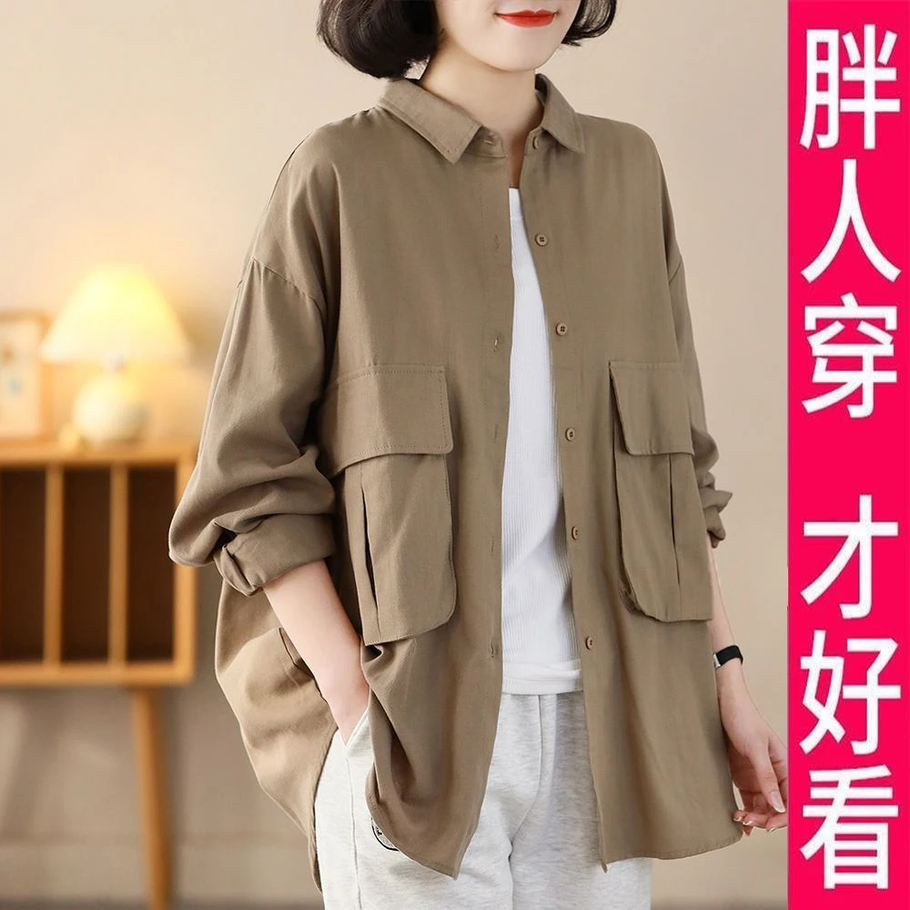 200斤自制棉布衬衫女大口袋2025春新款休闲中长款大码春装衬衣