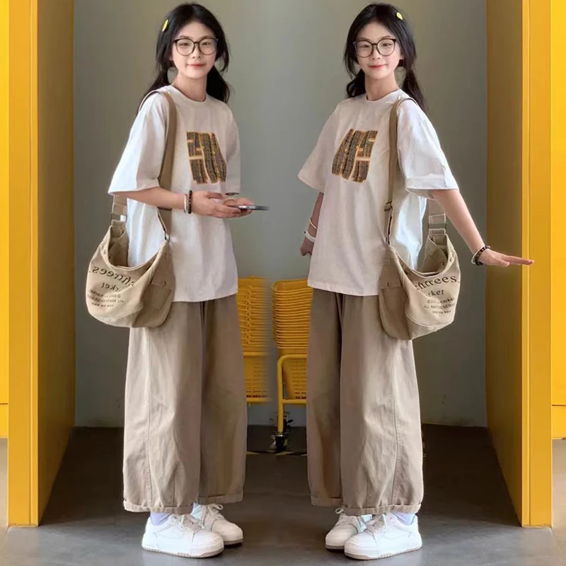 韩系慵懒学院风休闲套装夏季12-15-18岁短袖T恤阔腿裤时尚两件套