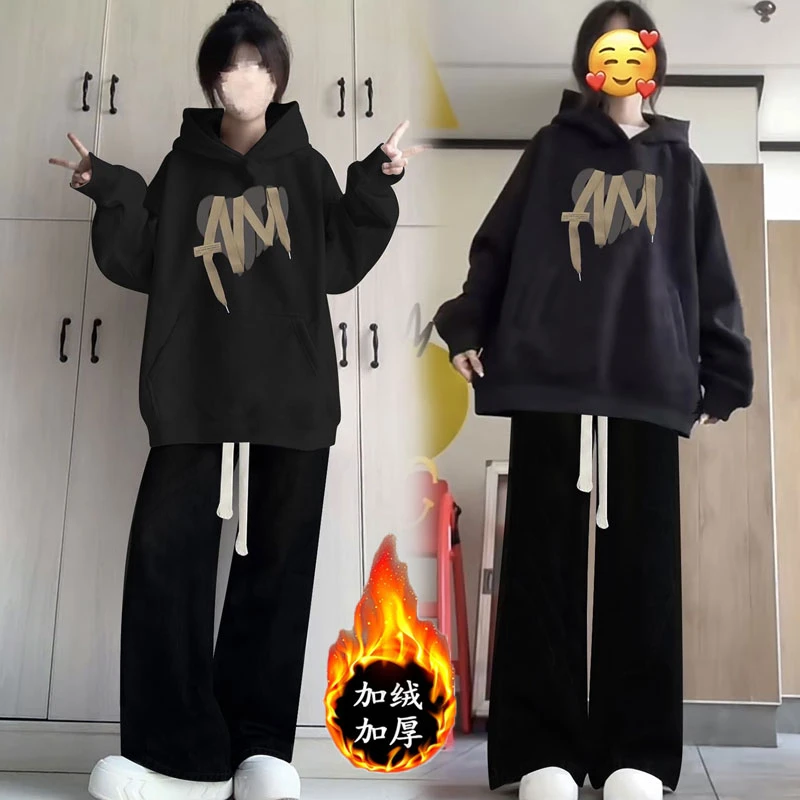 加绒加厚休闲套装秋冬季女装初中生12-16岁卫衣黑色运动服两件套