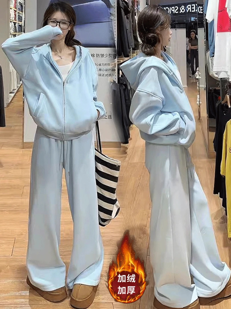 加绒加厚蓝色休闲套装冬天时尚卫衣卫裤运动服二件套高档女装衣服