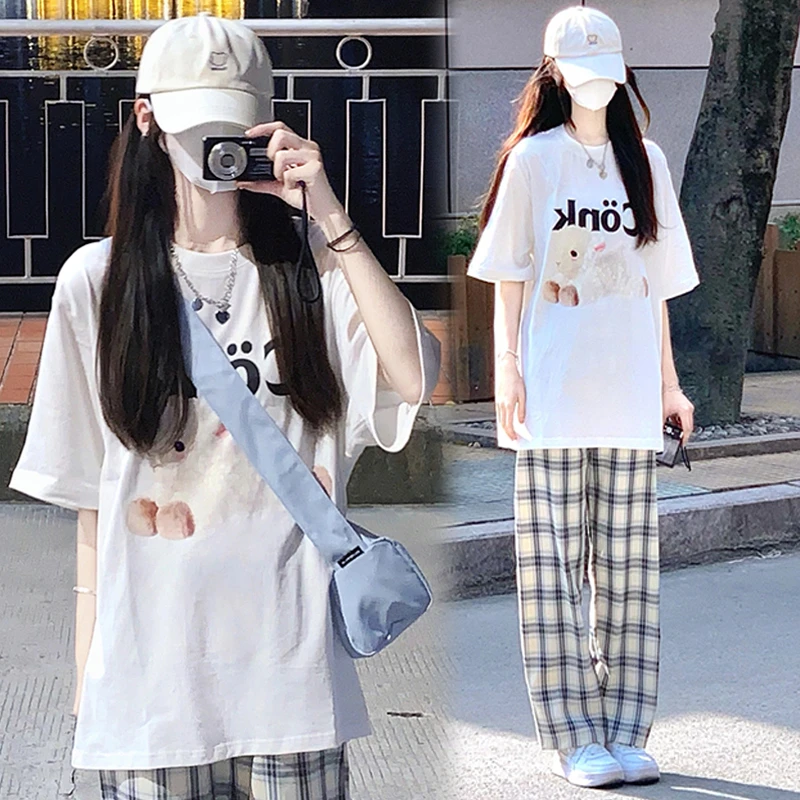 休闲套装运动服少女夏季韩版宽松显瘦网红洋气减龄印花T恤阔腿裤