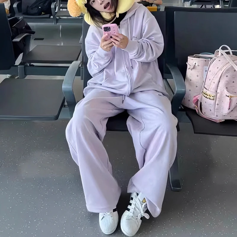 紫色休闲运动服套装女秋季高中学生宽松卫衣阔腿裤时尚跑步两件套