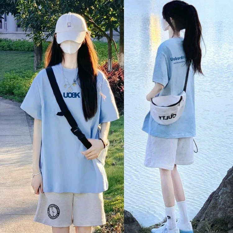 学院风运动套装夏薄款短袖16-18岁女高中生潮牌衣服五分裤两件套