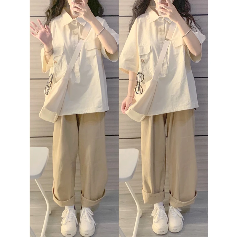 韩系慵懒学院风休闲套装夏季12-18岁polo领衬衫阔腿裤时尚两件套