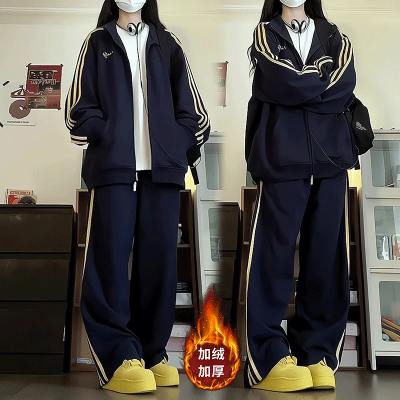 加厚加绒时尚休闲套装女中学生三条杠卫衣卫裤冬季炸街一整套女装